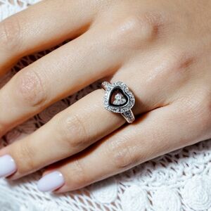 Sterling Silver 925 Rhodium Plated Black Outlined Heart CZ Ring